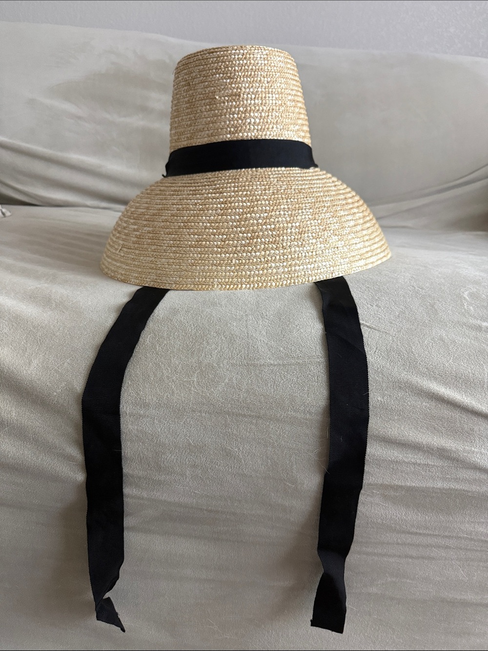 Wide-Brim Straw Sun Hat with Black Ribbon Tie